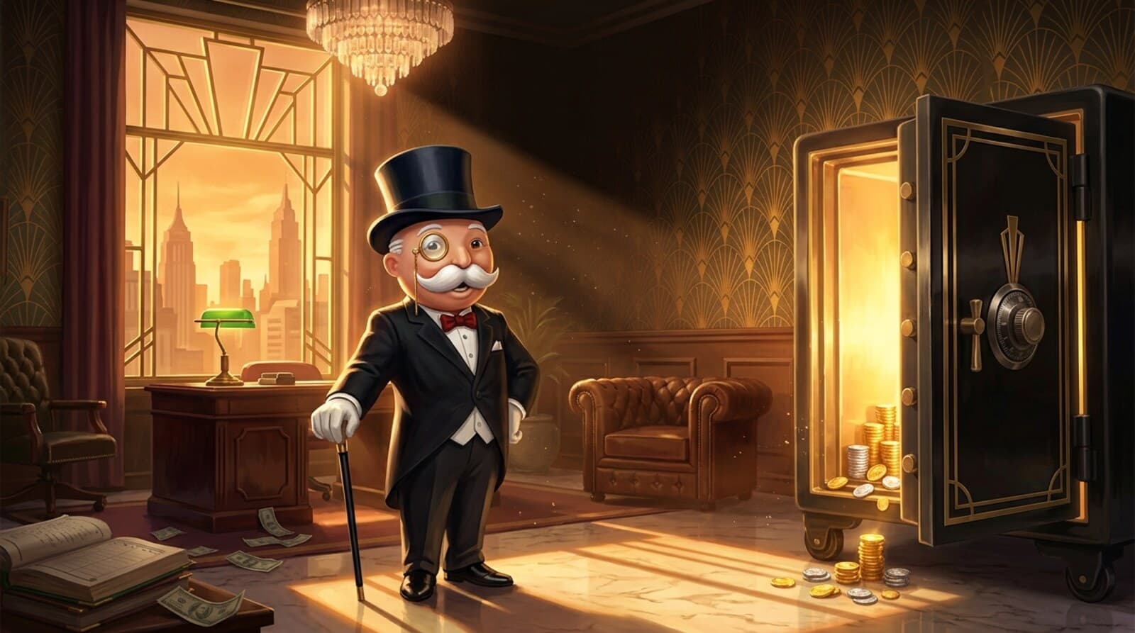 BullionRadar - Mr Monopoly et coffre-fort débordant de pièces d'or